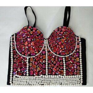 Bslingerie Womens Sz M Bustier Crop Top Club Wear Lingerie Rhinestone & Pearl